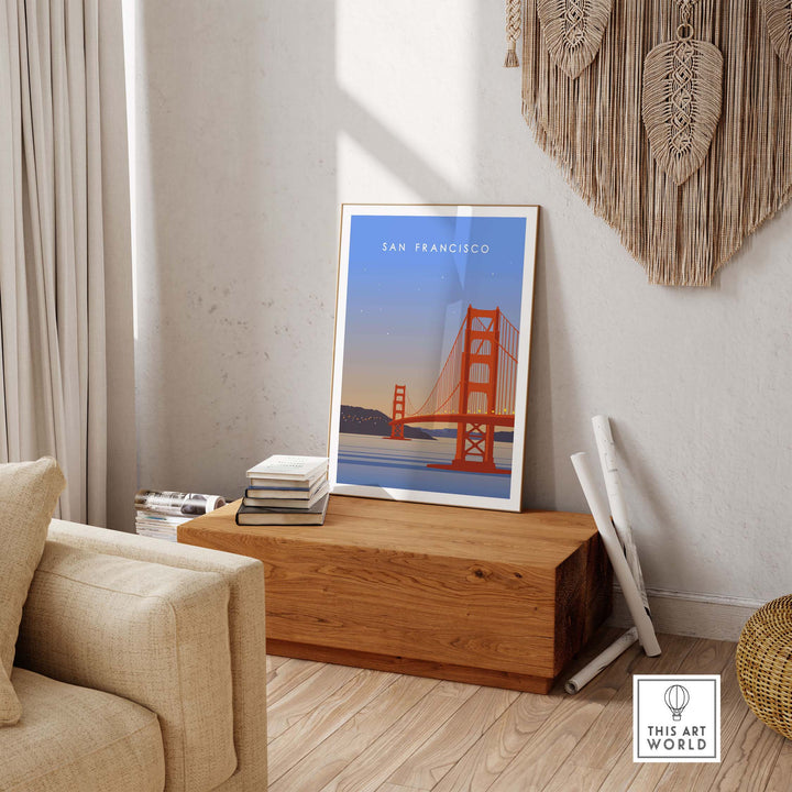 San Francisco Print Wall Art Poster featuring the Golden Gate Bridge in a stylish living room setting.