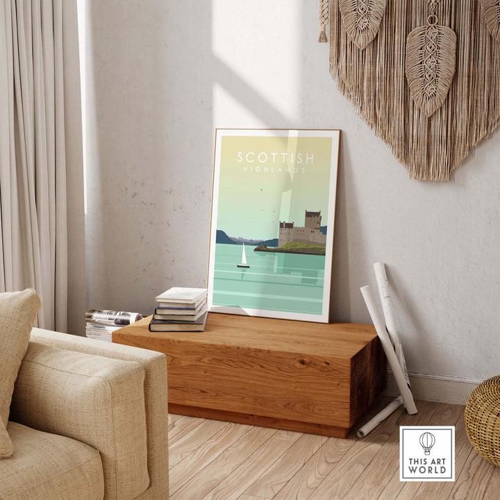 Scottish Highlands wall art poster displayed in a cozy living room setting with wooden decor.