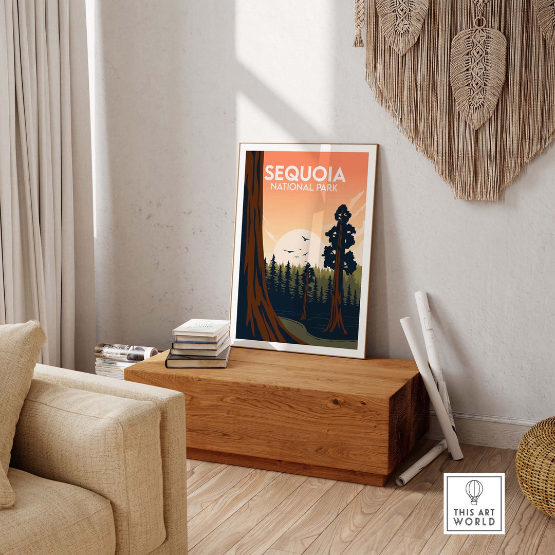 Sequoia National Park poster showcasing minimalist artwork and nature in a stylish home setting.