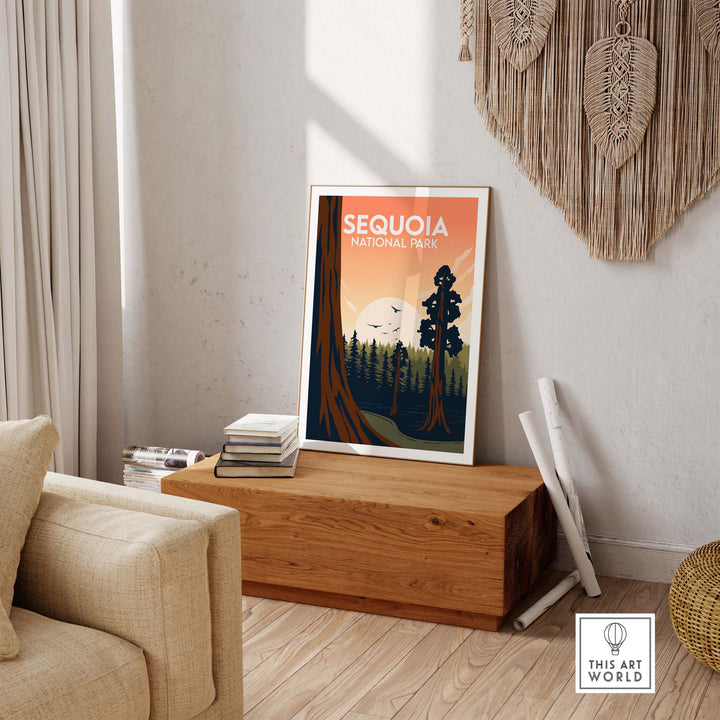 Sequoia National Park poster showcasing minimalist artwork and nature in a stylish home setting.