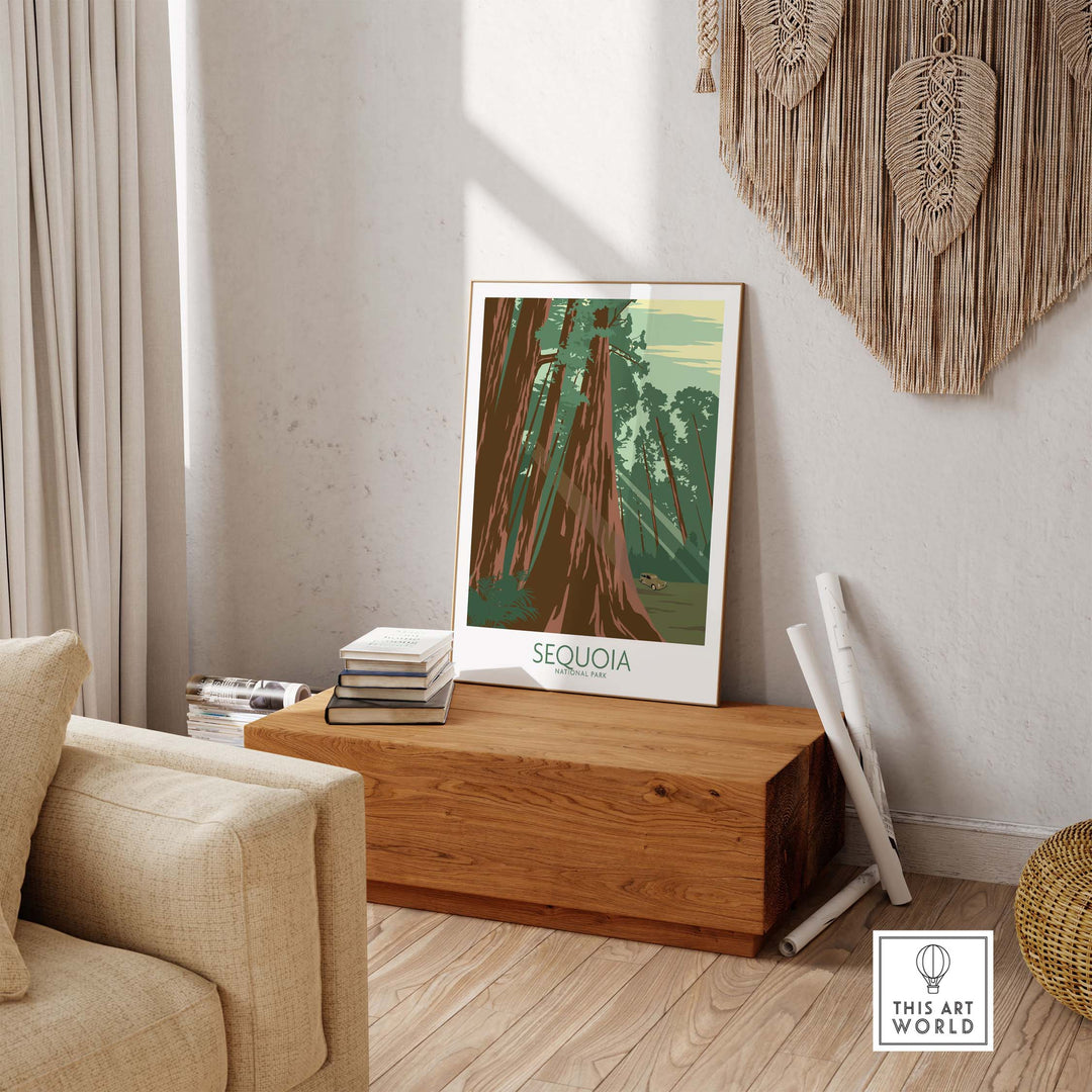 Sequoia National Park poster print displayed in a cozy living room, adding vintage outdoor charm to modern decor.