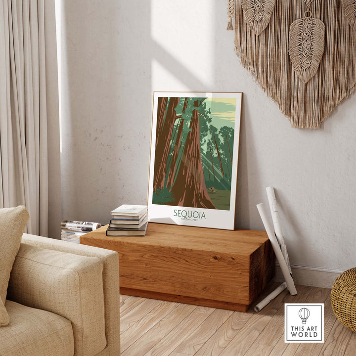 Sequoia National Park poster print displayed in a cozy living room, adding vintage outdoor charm to modern decor.