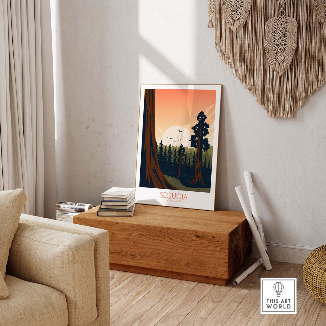 Sequoia National Park poster in a minimalist frame, showcasing serene nature and tall trees in a cozy room.
