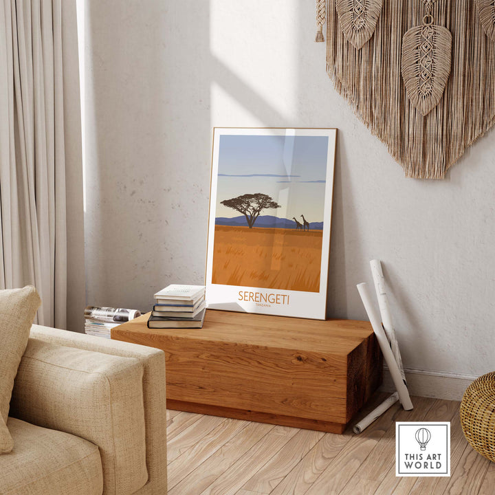 Serengeti National Park poster print displayed in a stylish interior, showcasing vintage travel art.