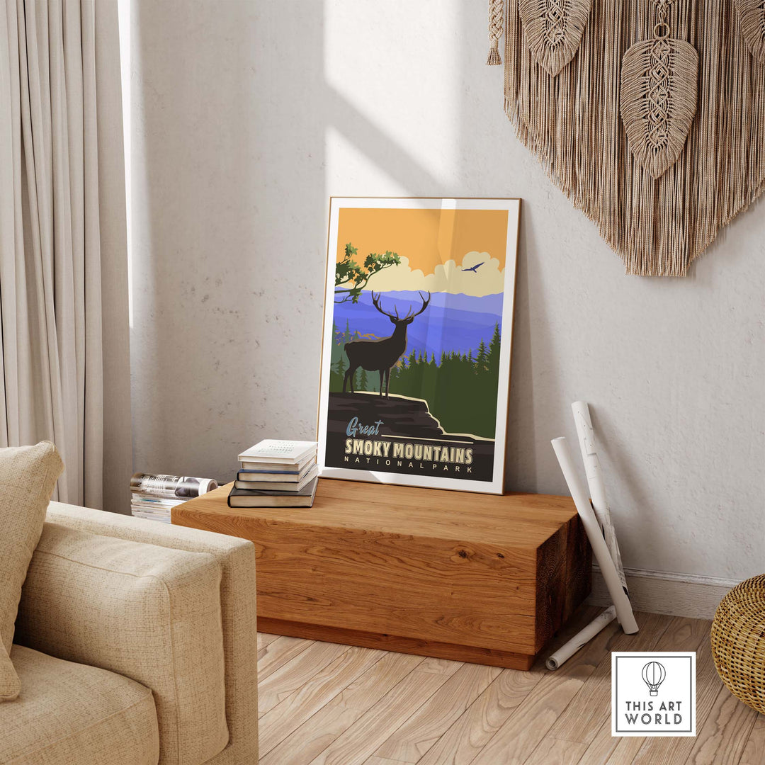 Smoky Mountains National Park poster featuring an elk and vibrant mountain scenery, perfect for home or office decor.