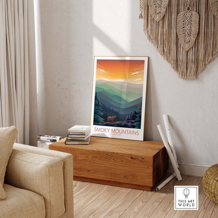 Smoky Mountains wall art poster displayed in a cozy living room setting, showcasing nature and minimalist design.