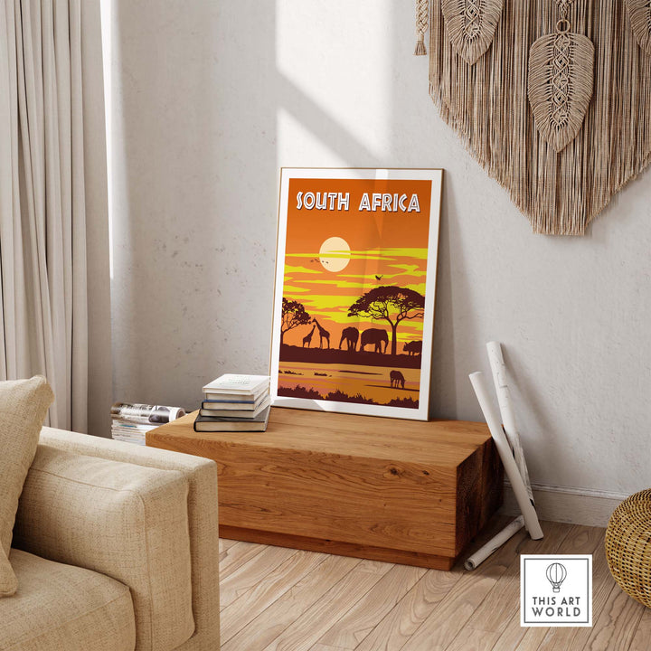 South Africa poster featuring elephants and sunset, adding vintage travel art to home decor.