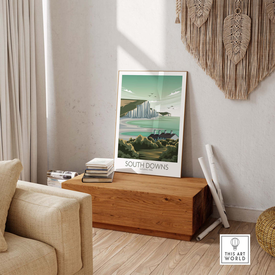 South Downs National Park poster displayed in a stylish living room setting, framed art print for home decor.