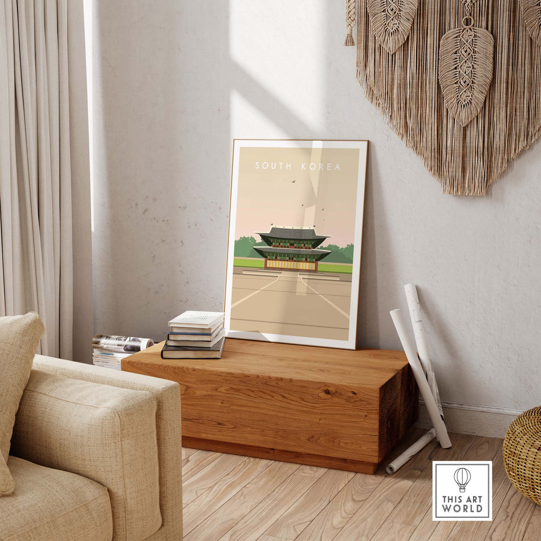 South Korea poster print displayed in a stylish interior, capturing vintage travel art inspiration and wanderlust.