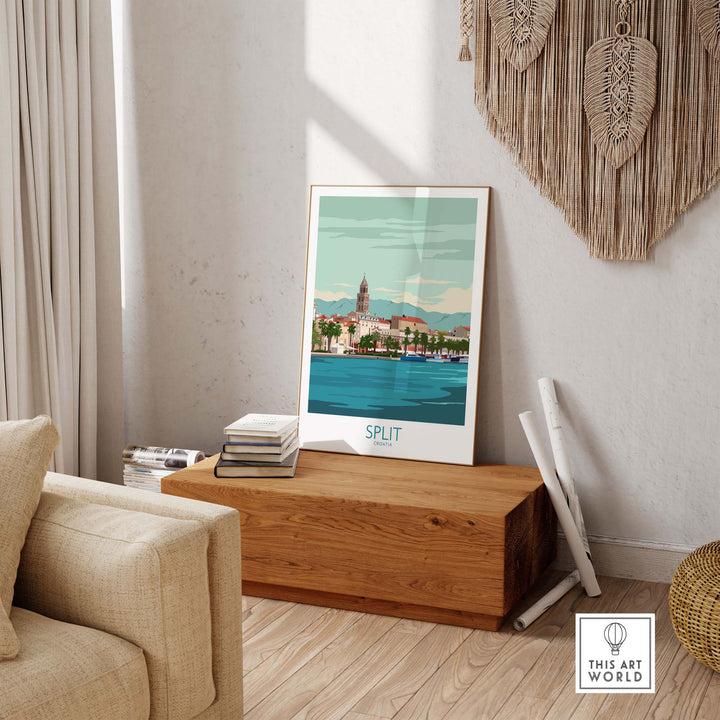 Stylish Split Croatia poster print displayed in a modern living room setup with natural decor.
