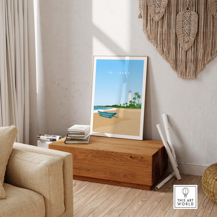 Sri Lanka travel poster print featuring a serene beach scene, framed, stylish minimalist wall art for home decor.