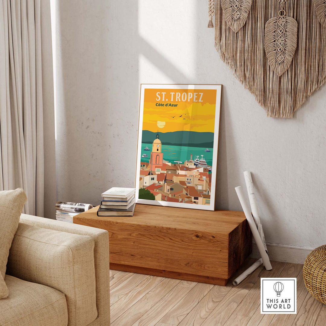 St Tropez France Print Poster Wall Art on wooden table, showcasing vibrant coastal scenery and vintage style.