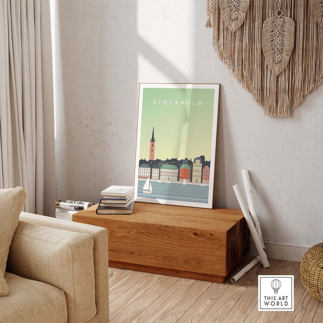 Stylish Stockholm Print Wall Art Poster on a wooden coffee table in a bright, modern living room setting.