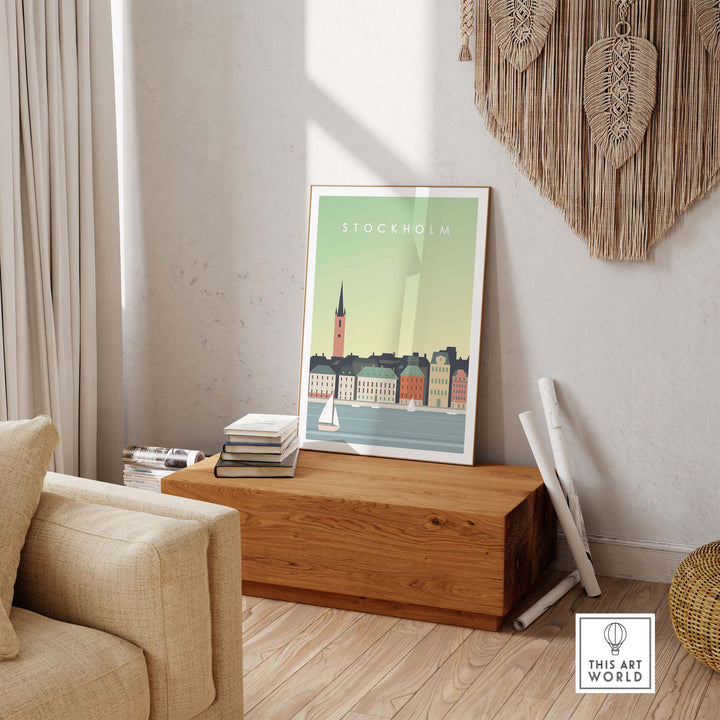 Stylish Stockholm Print Wall Art Poster on a wooden coffee table in a bright, modern living room setting.