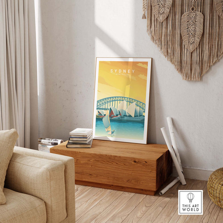 Sydney travel poster print featuring the Sydney Harbour Bridge and boats in a minimalist style, perfect for home decor.