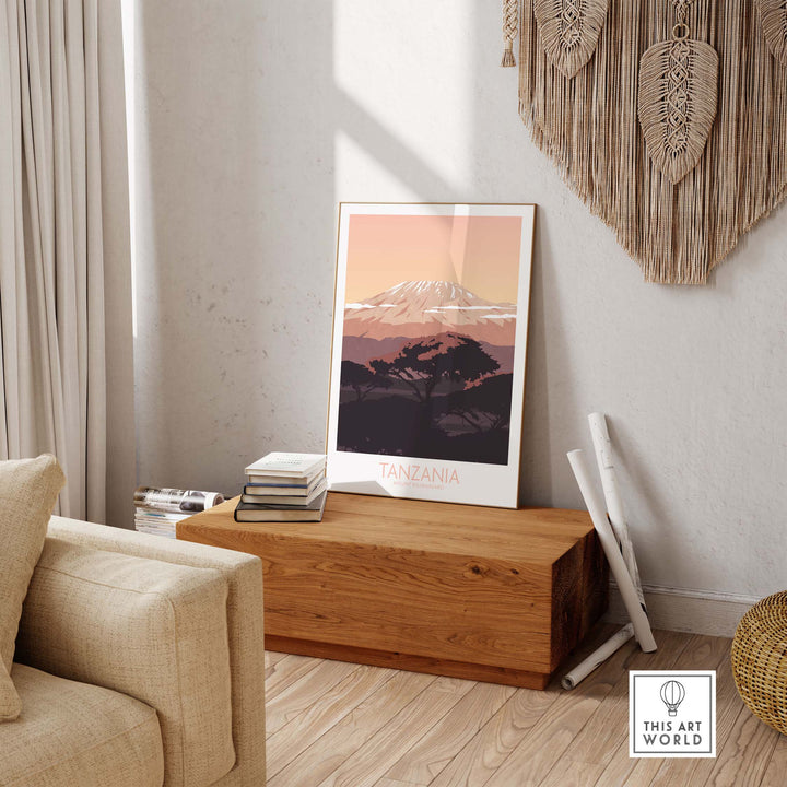 Kilimanjaro Print Tanzania Poster displayed in a stylish living room with vintage travel art decor.