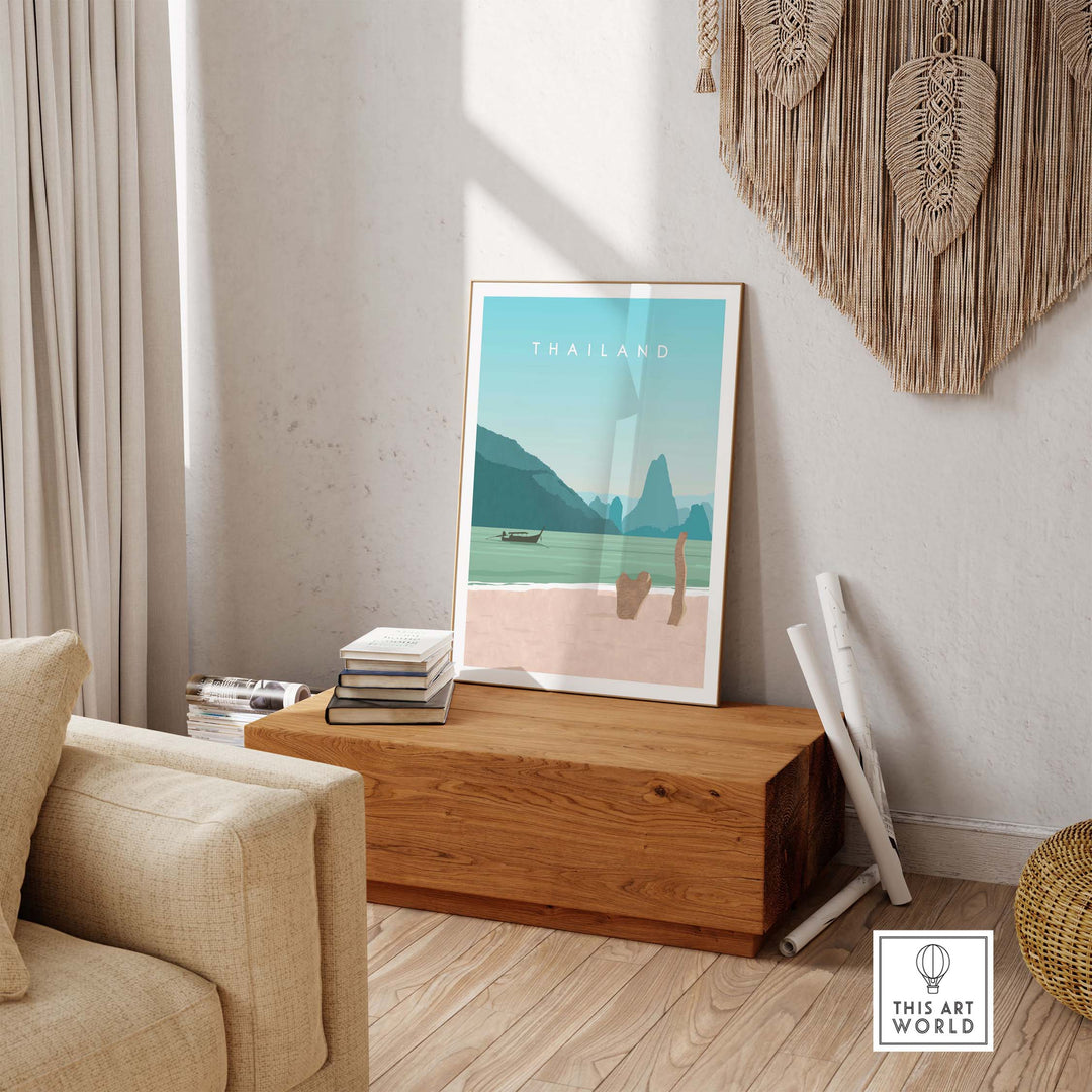 Thailand print wall art poster displayed in a stylish living room, featuring vibrant colors and a nostalgic design.