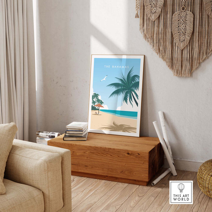 The Bahamas travel poster print featuring palm trees and beach in a stylish living room setting.