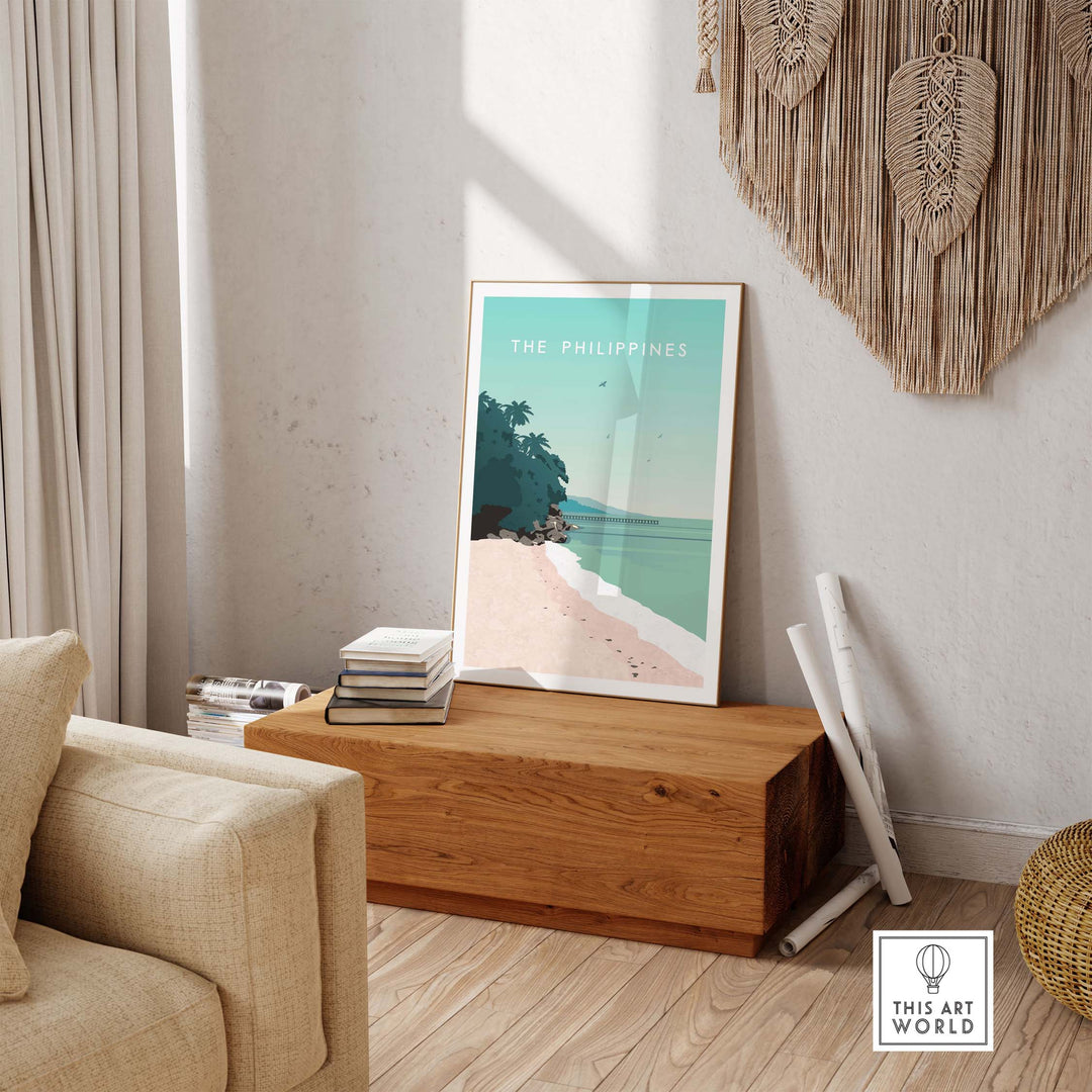 Philippines poster print wall art displayed in a stylish living room setting, capturing a tropical beach scene.