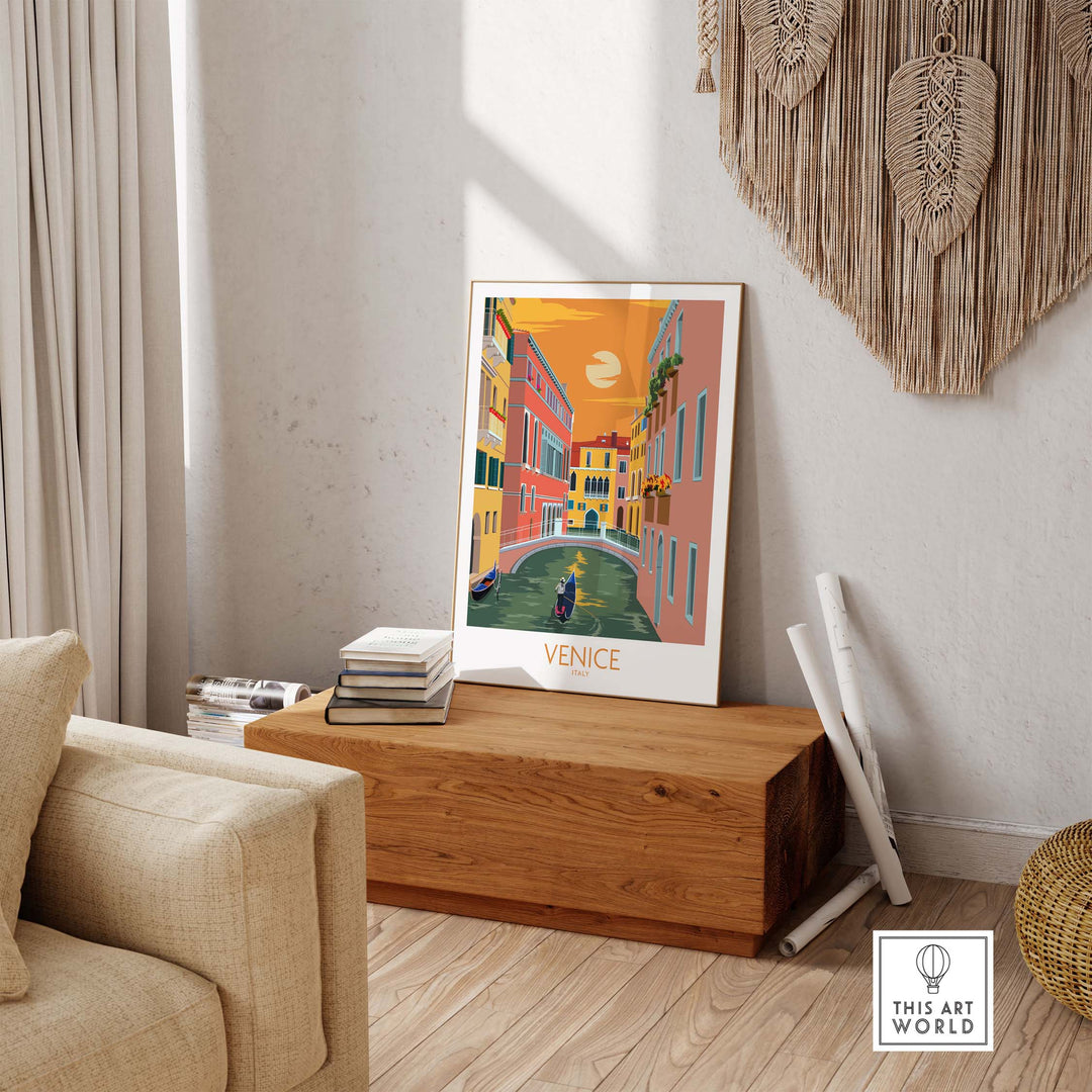 Venice Poster Travel Print displayed in stylish home decor, highlighting nostalgic vintage travel art.