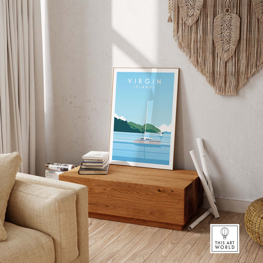 Virgin Islands travel poster print in minimalist style displayed in a modern living room setting.