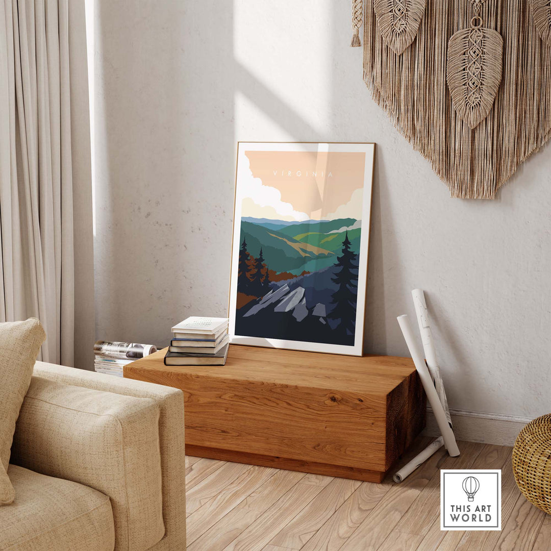 Virginia travel poster print displayed in a modern interior, showcasing minimalist design and natural aesthetics.