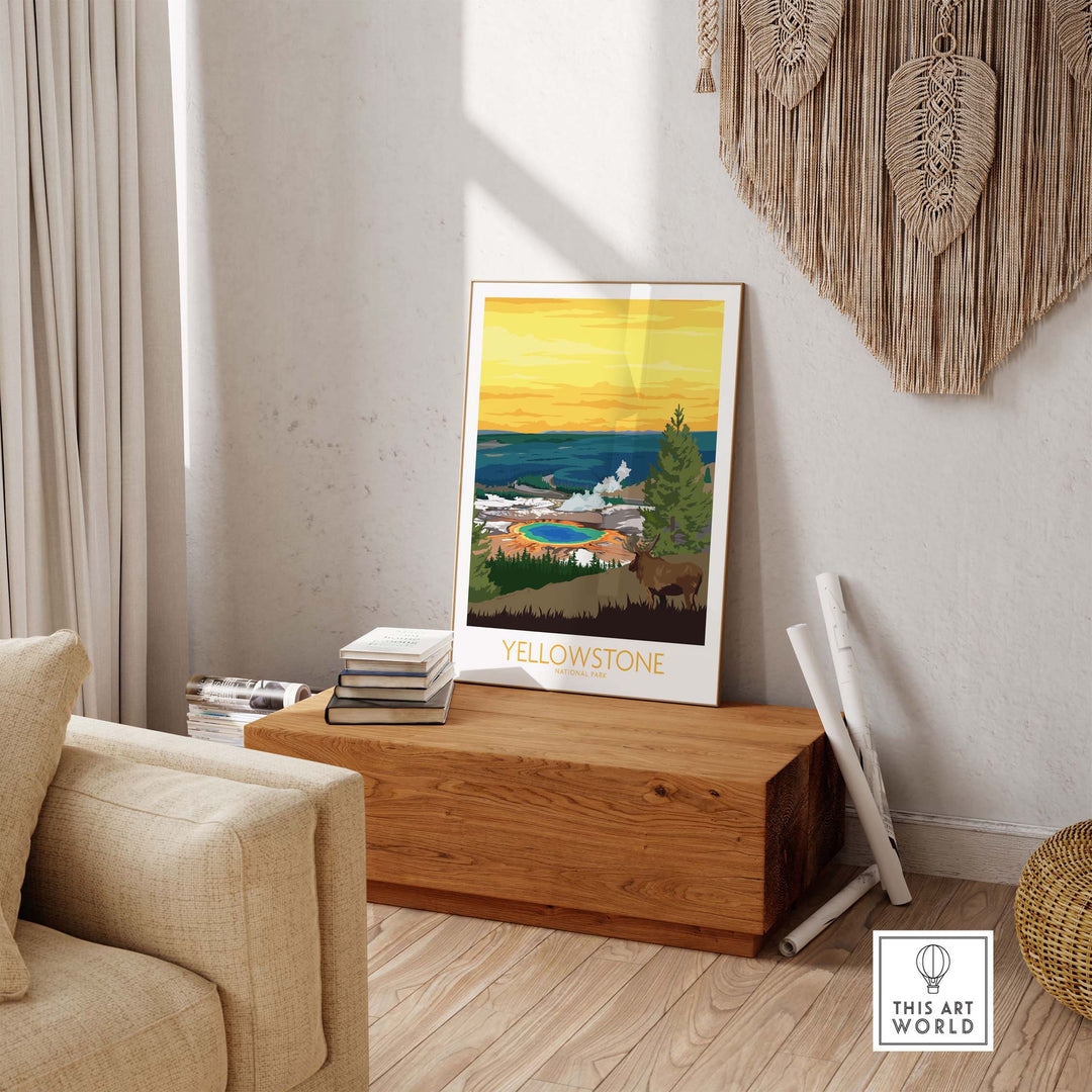 Yellowstone Park Print Poster displayed in a cozy living room, capturing vintage travel aesthetics and natural beauty.