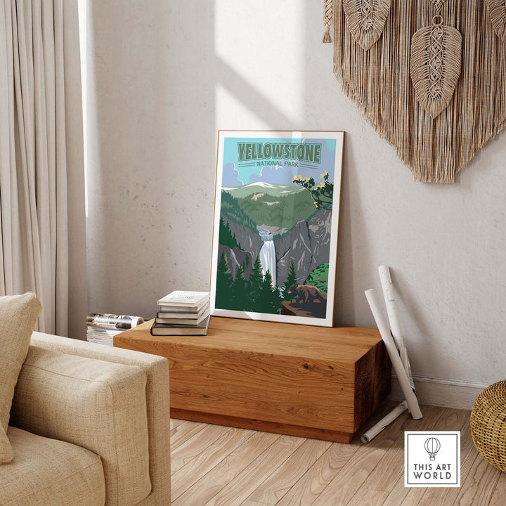 Yellowstone National Park vintage print displayed in a stylish indoor setting, showcasing stunning outdoor scenery.