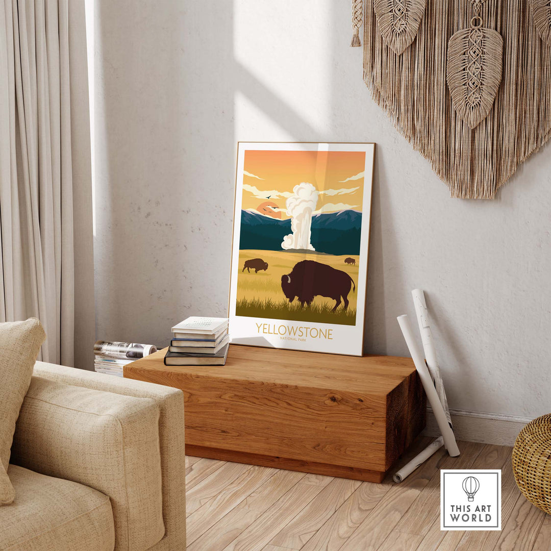 Yellowstone wall art poster featuring bison and geysers, perfect for adding nature-inspired decor to home or office.