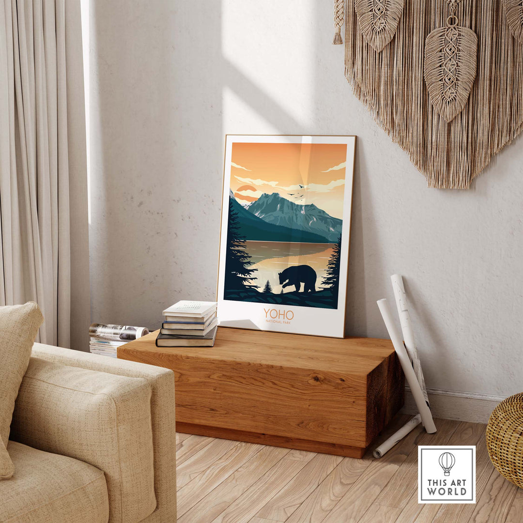 Yoho National Park minimalist art print displayed in a cozy living room setting.