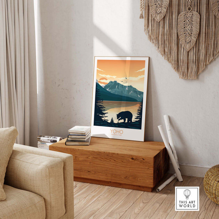 Yoho National Park minimalist art print displayed in a cozy living room setting.