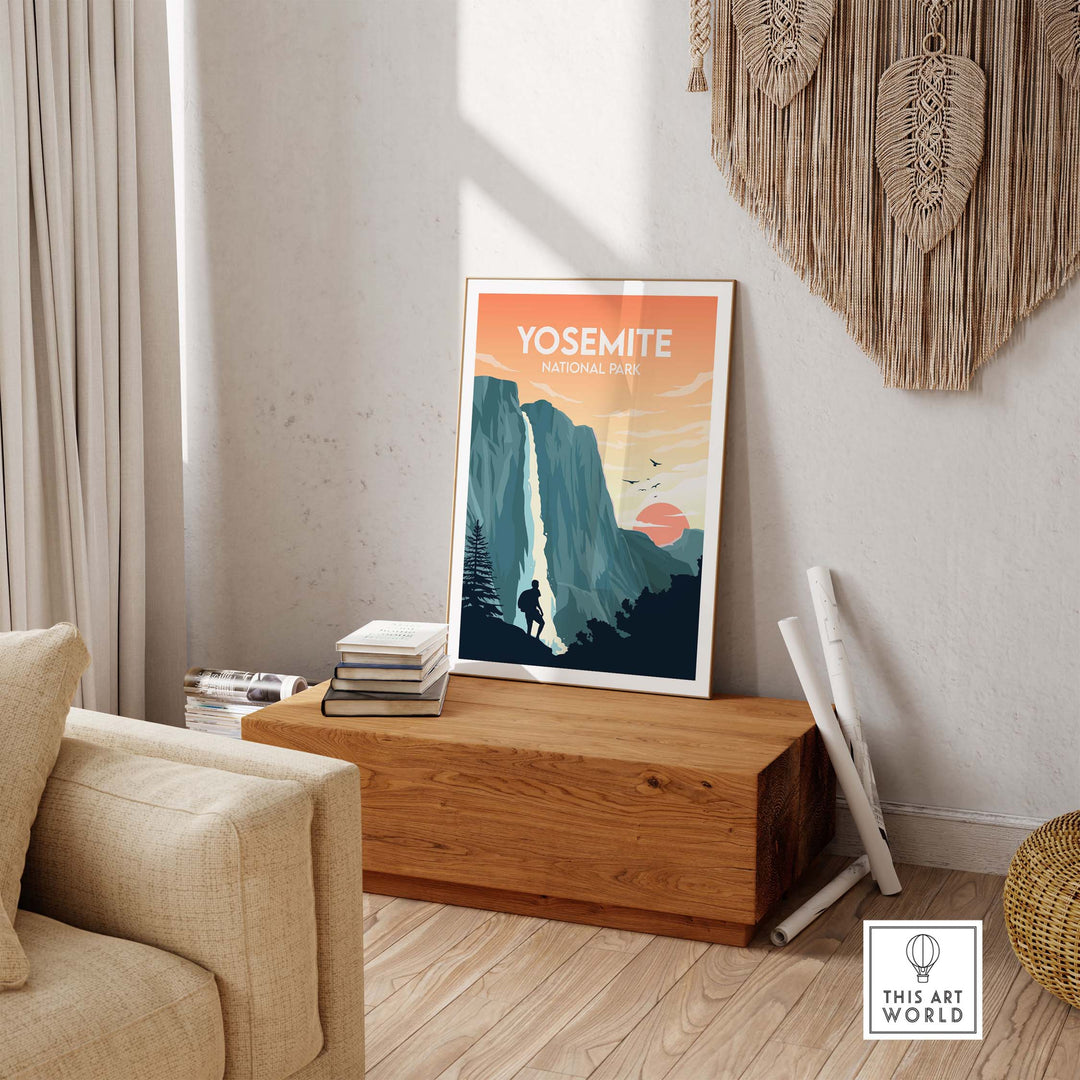 Yosemite National Park poster displayed in a stylish living room, showcasing minimalist art and nature-inspired design.