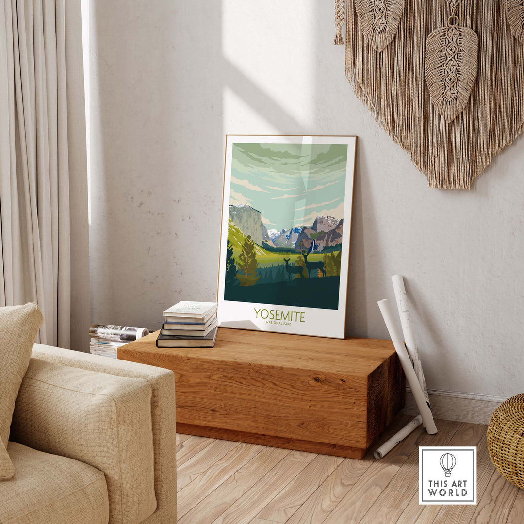 Yosemite National Park print poster displayed in a stylish living room setting with wooden decor.