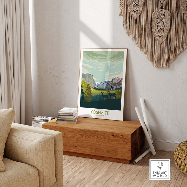 Yosemite National Park print poster displayed in a stylish living room setting with wooden decor.
