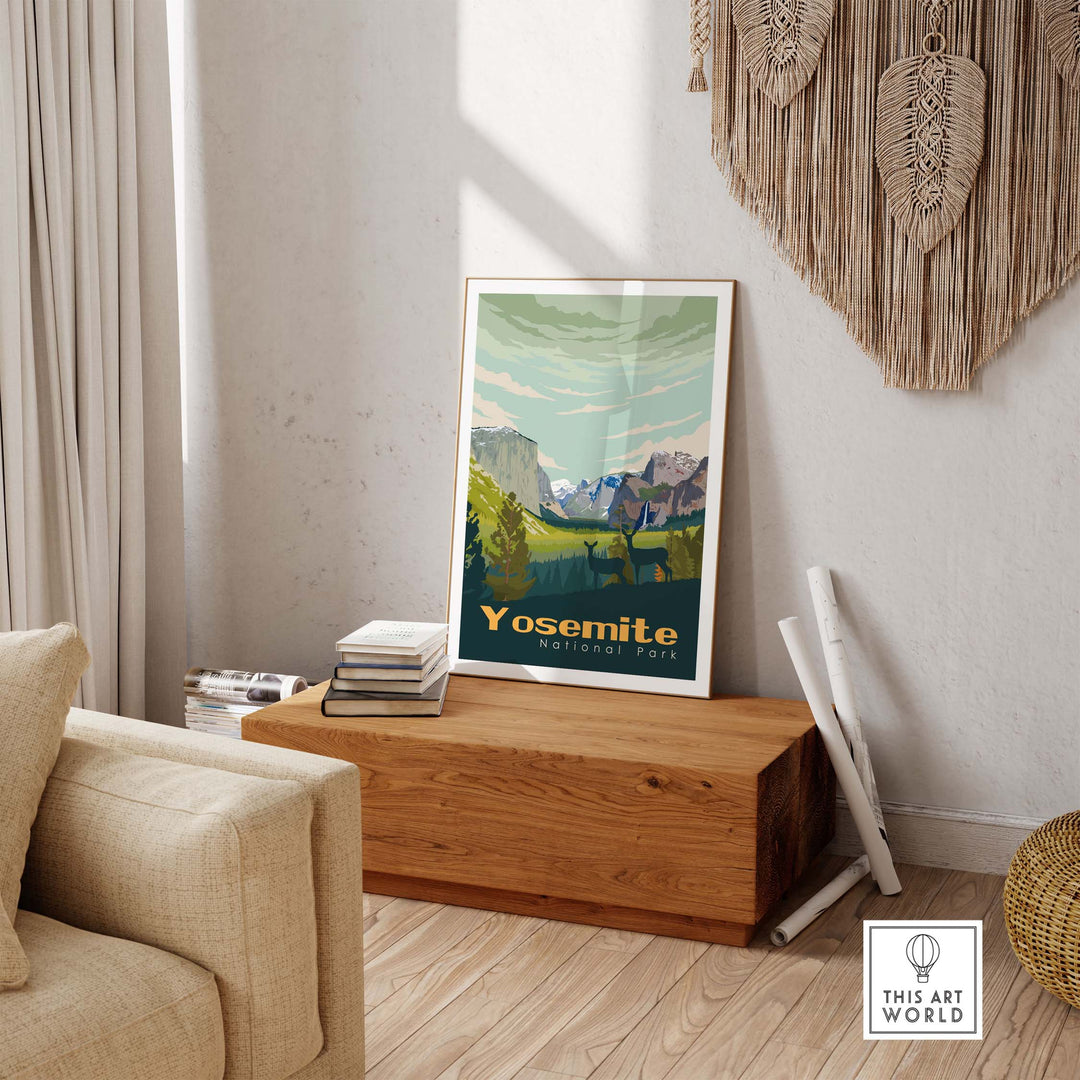 Yosemite National Park poster displayed in a stylish living room setting on a wooden table, highlighting outdoor wanderlust.