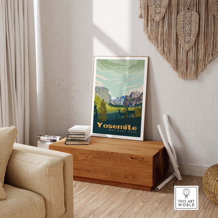 Yosemite National Park poster displayed in a stylish living room setting on a wooden table, highlighting outdoor wanderlust.