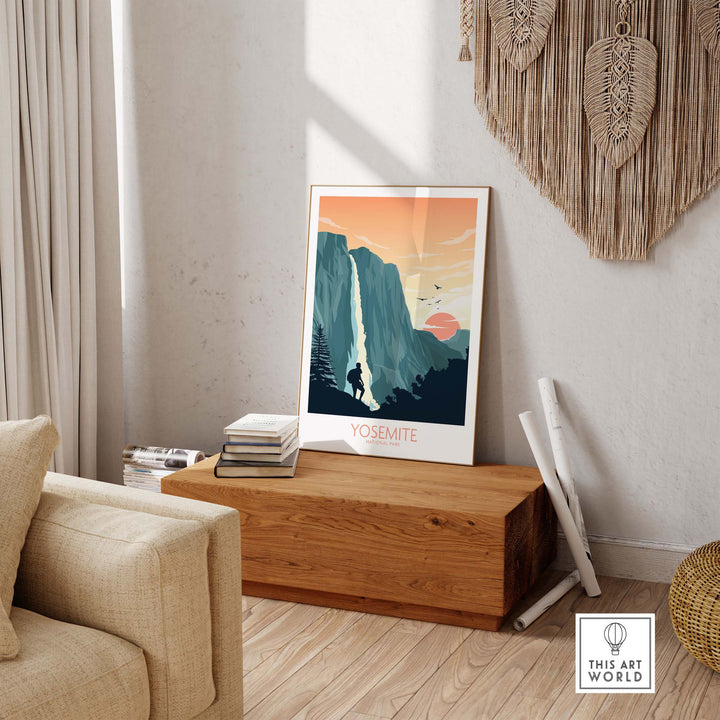 Yosemite National Park art print displayed in a stylish living room setting with minimalist decor.