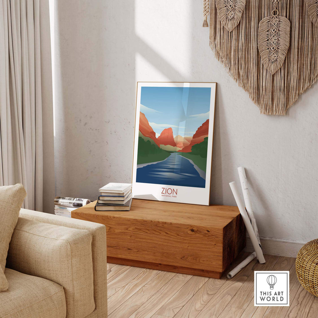 Zion National Park art print displayed in a modern home setting, showcasing minimalist landscape design.