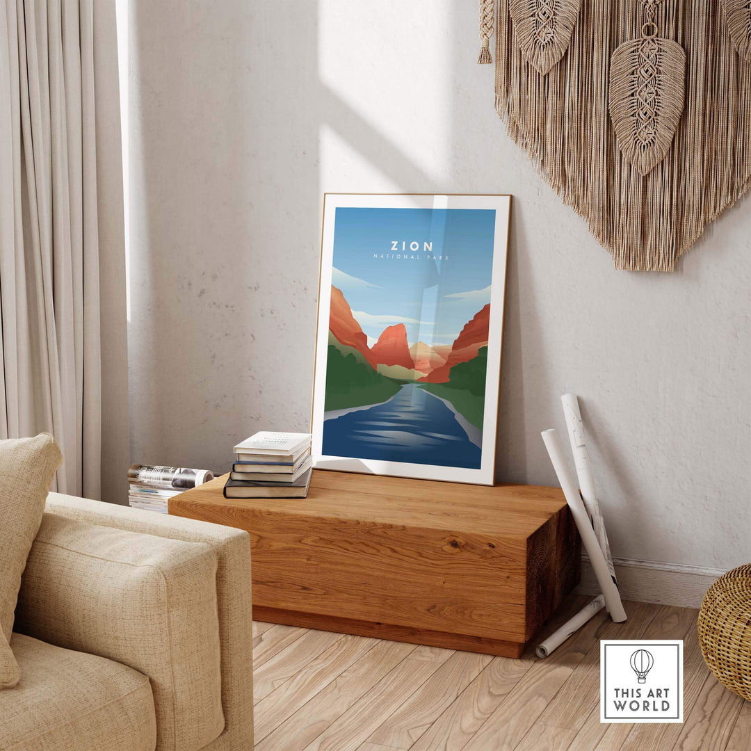 Zion National Park vintage travel poster art featuring Virgin River and red rock mountains in a stylish home setting