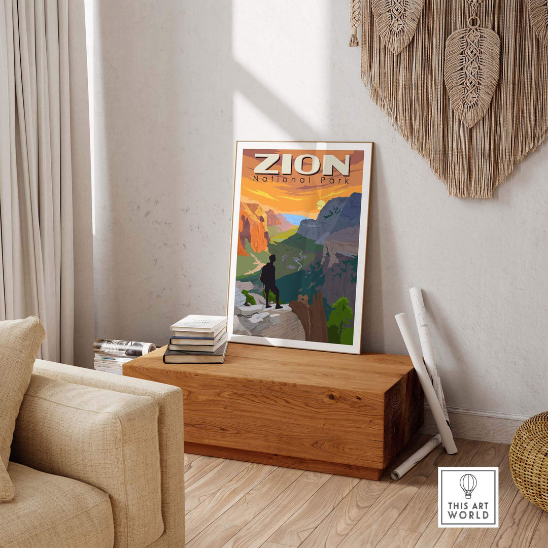 Zion National Park poster displayed in a stylish living room, showcasing vibrant outdoor artwork and wanderlust inspiration.