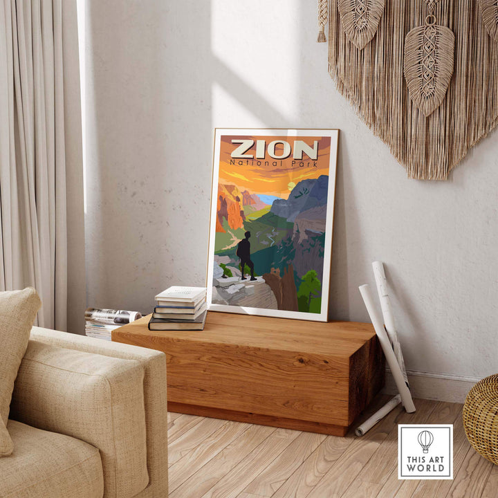 Zion National Park poster displayed in a stylish living room, showcasing vibrant outdoor artwork and wanderlust inspiration.