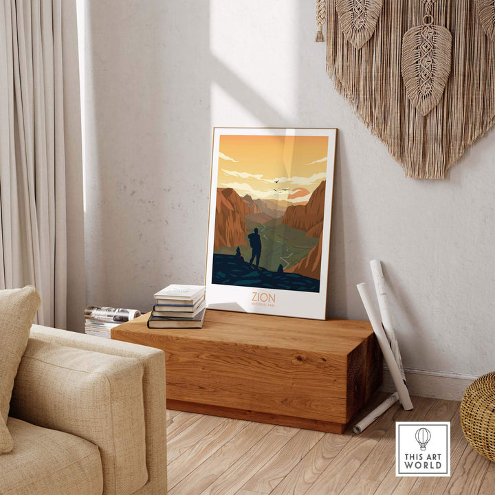 Zion National Park Poster art print displayed in a stylish home interior, showcasing nature and wanderlust.