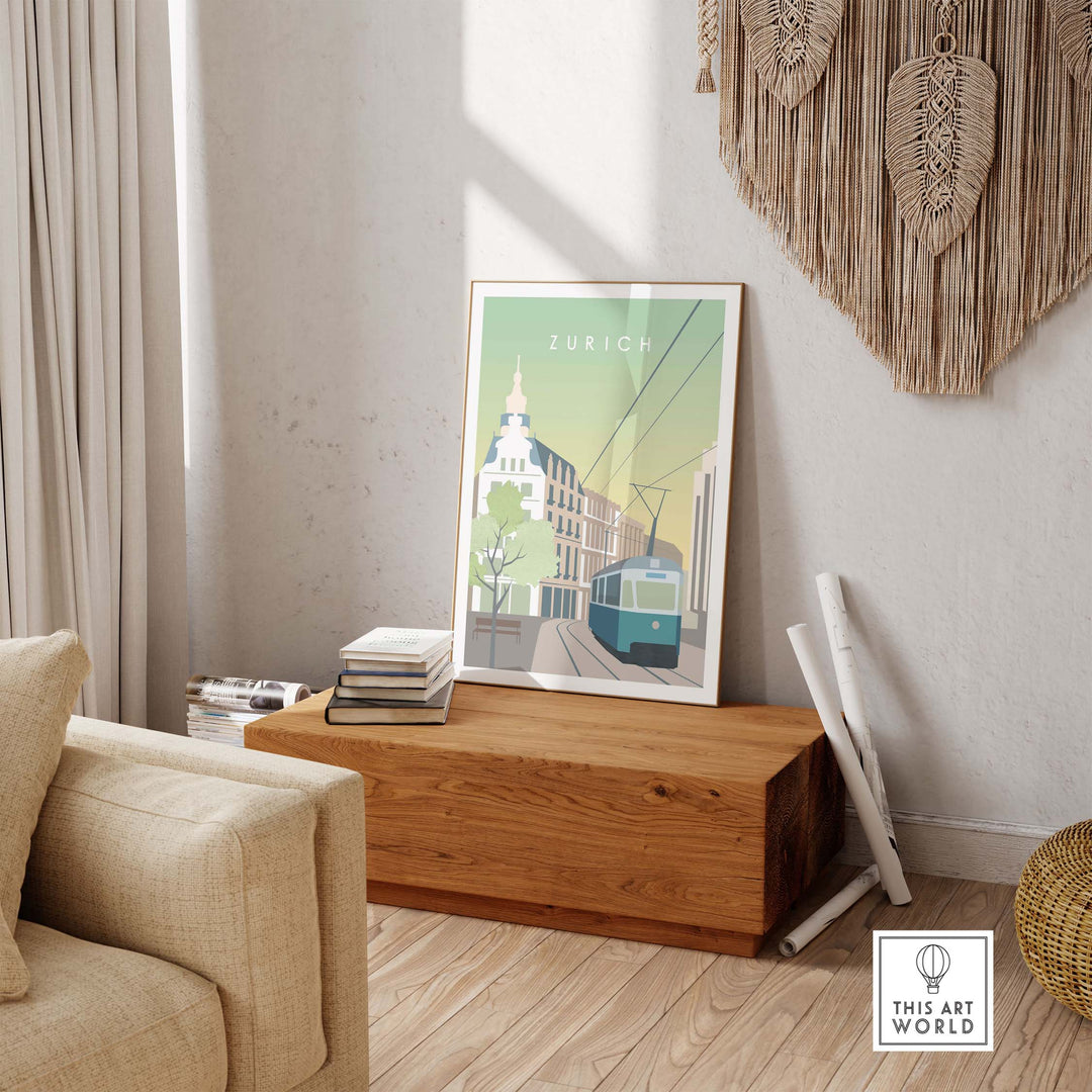 Zurich Print Wall Art Poster displayed in a modern living room setting, showcasing vintage travel illustration.