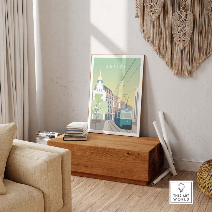 Zurich Print Wall Art Poster displayed in a modern living room setting, showcasing vintage travel illustration.