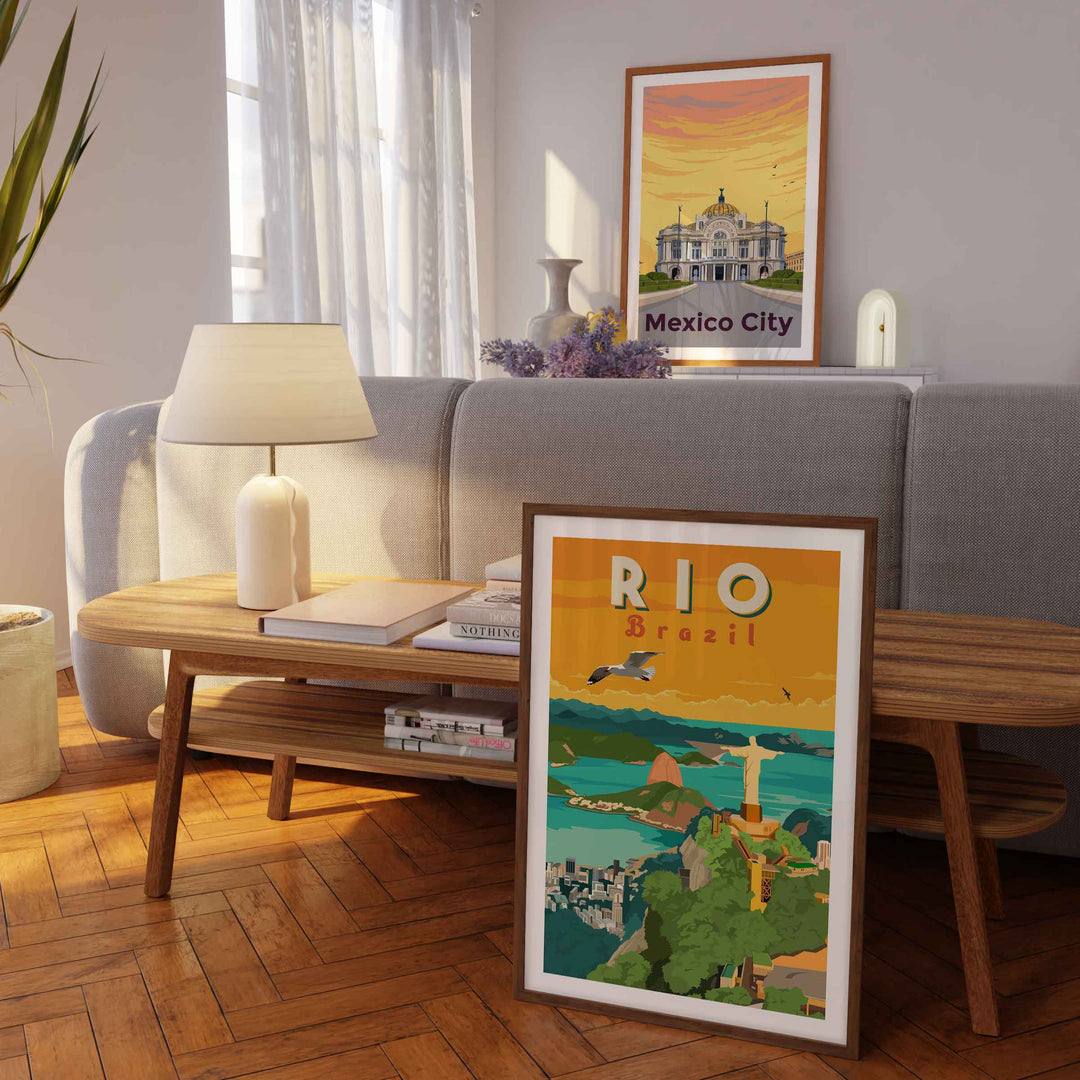 Rio Brazil Wall Art Print displayed in a stylish living room, featuring colorful vintage design and minimalist style.