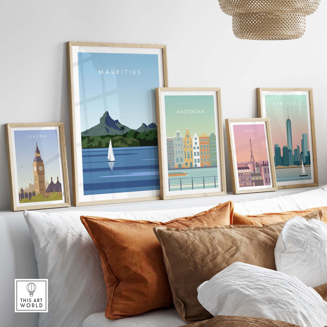 Mauritius Travel Poster Print showcased among other city posters on a stylish sofa, perfect for home decor.