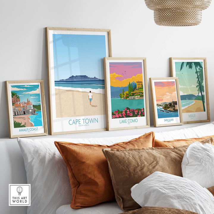 Cape Town wall art print displayed among vintage travel posters in a stylish home decor setting.