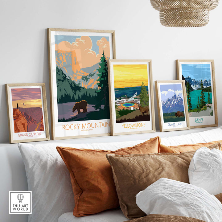 Rocky Mountain National Park poster collection displayed on a stylish home wall with other national park prints.