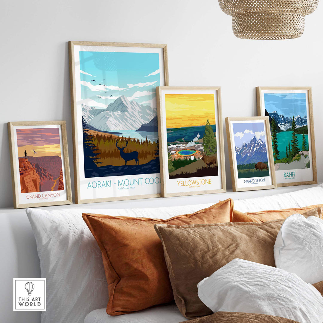 Stylish framed travel posters featuring Mount Cook Aoraki, Grand Canyon, Yellowstone, and Banff in trendy home decor.