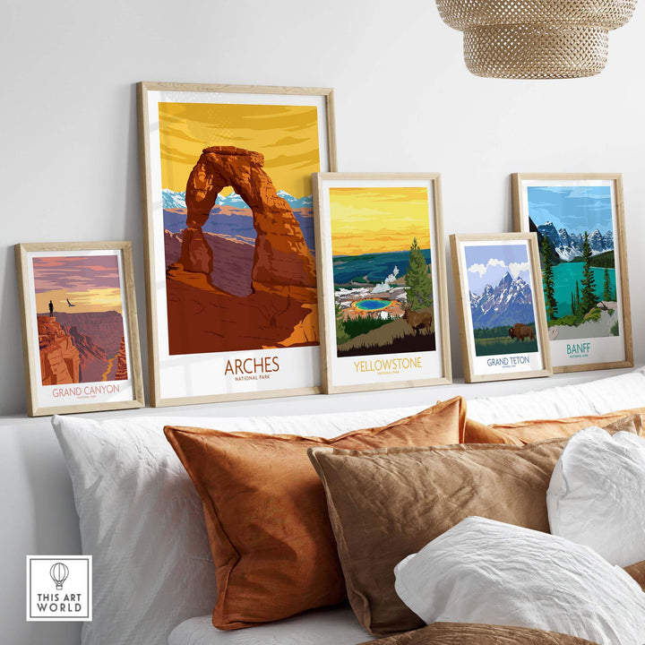 Arches National Park poster print collection displayed in stylish frames on a cozy couch, featuring vintage-inspired designs.
